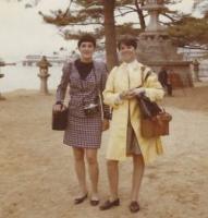 US Army nurses Anna Gerac (left) and Kathy Reynolds (right) on Spring 1970 trip to the Peace Memorial Park in Hiroshima, Japan.